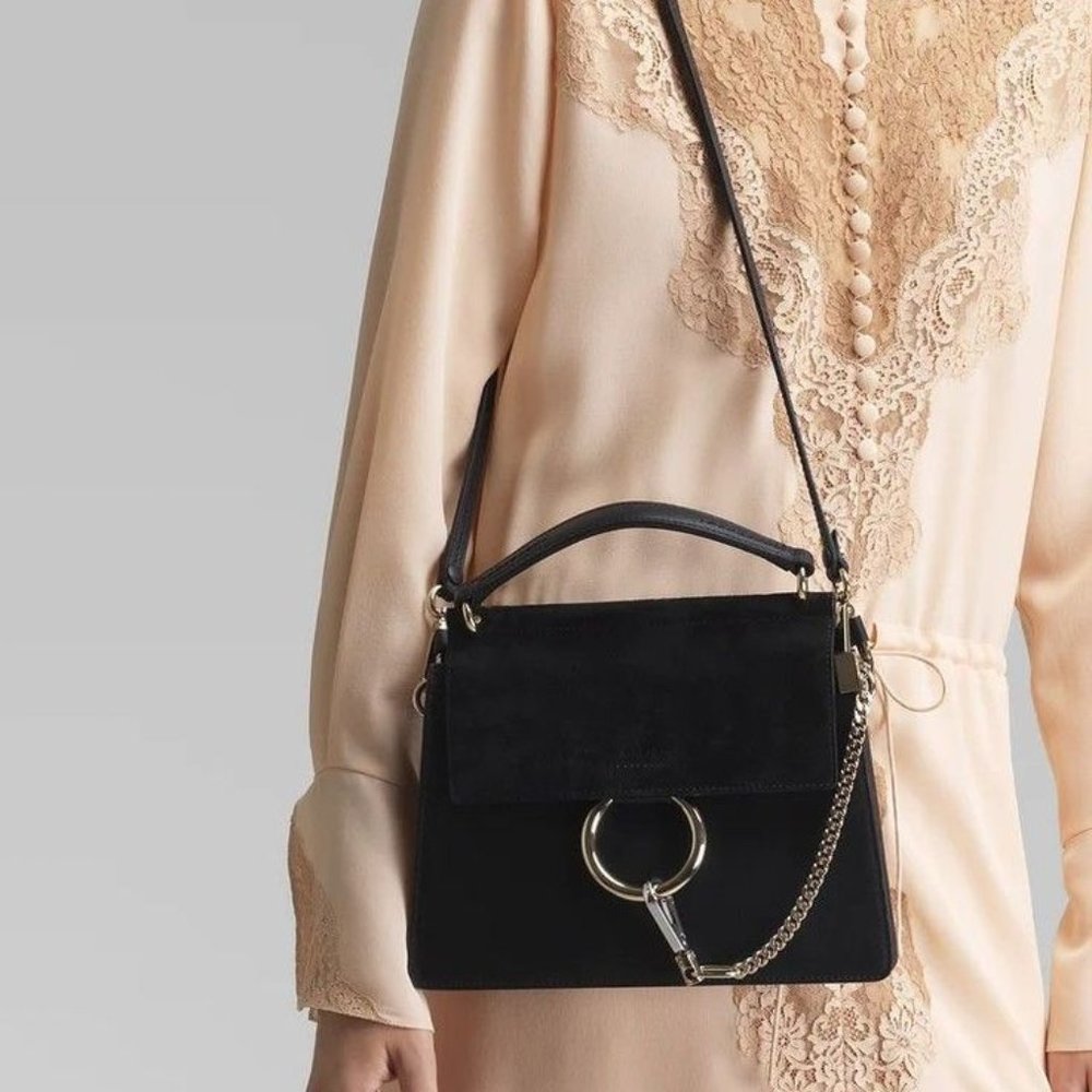Chloe Small Faye Top Handle Black Suede and Soft Leather Shoulder Bag